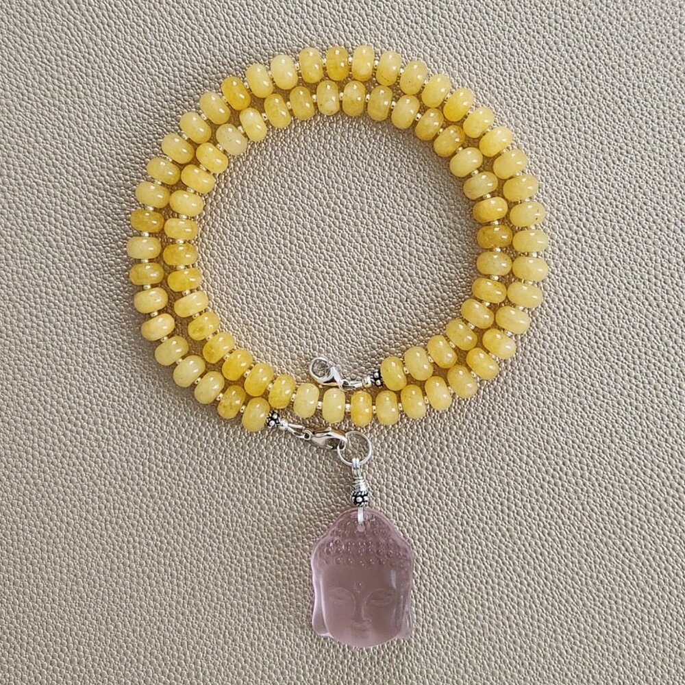 YELLOW JADE NECKLACE W/ PINK BUDDHA PENDANT--20"